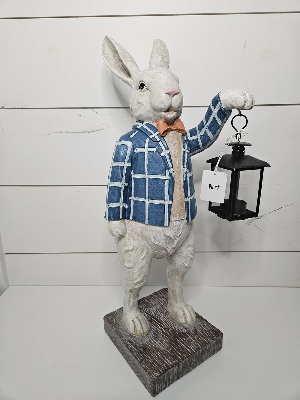 NWT White Bunny Rabbit w Blue Jacket & Lantern Decor